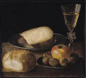 Naturaleza muerta de frutas, queso y pan